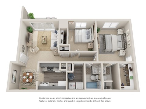 Floor plan for 2 beds, 2 baths, 950 sqft